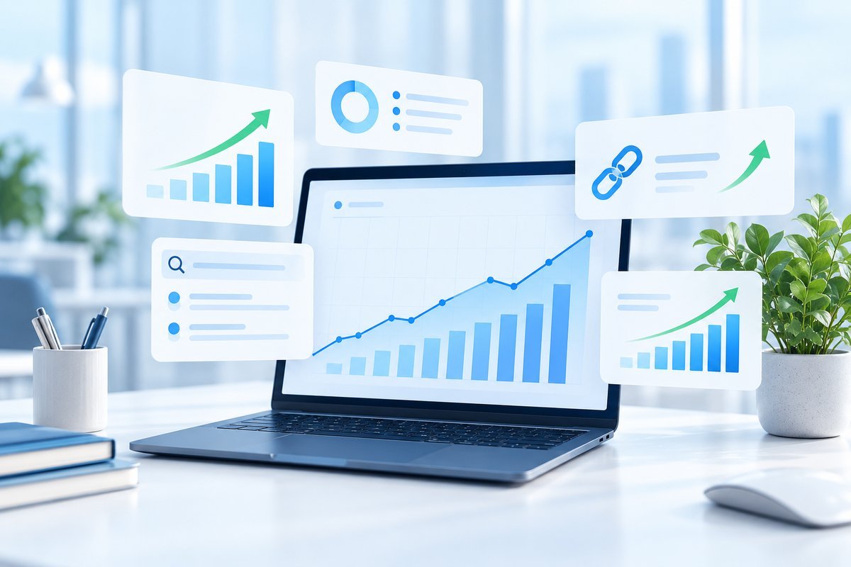 Link building dashboard showing organic traffic and backlink growth