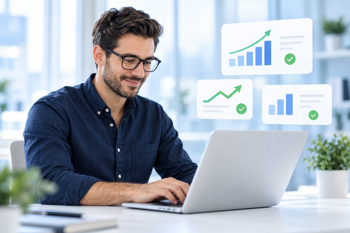SEO specialist reviewing white hat link building results and backlink reports